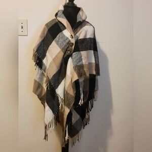 Steve Madden Checkered Poncho with Fringe - Black, White, Brown